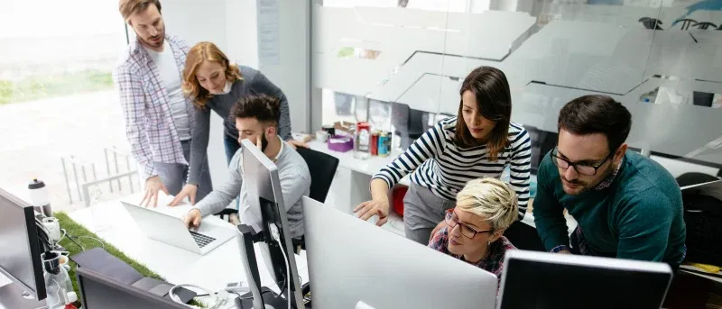 Web designers working in office on project together